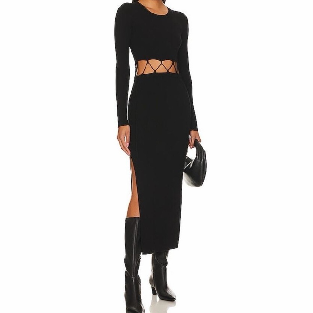 The Range Laced Long Sleeve Sweater Dress Black Cutout Midi Side Slit NWT Sz‎ S